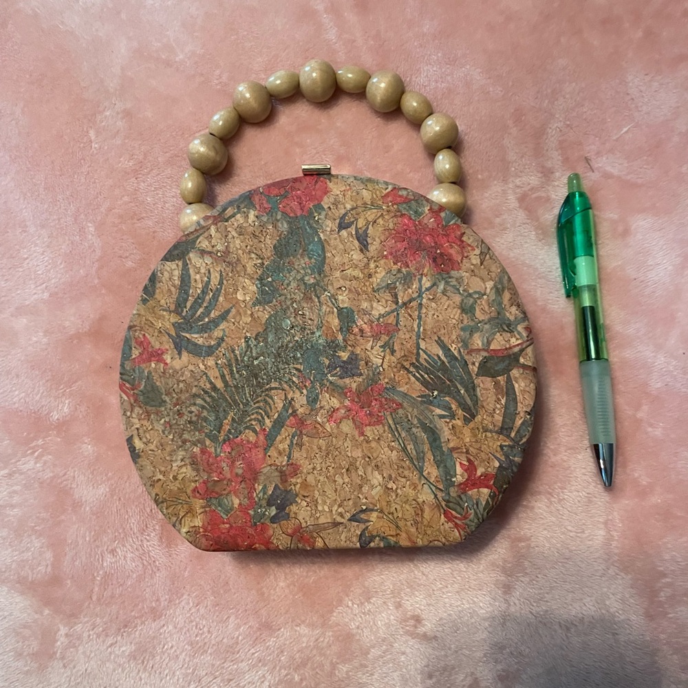 Floral Cork Handbag with Wooden Handle